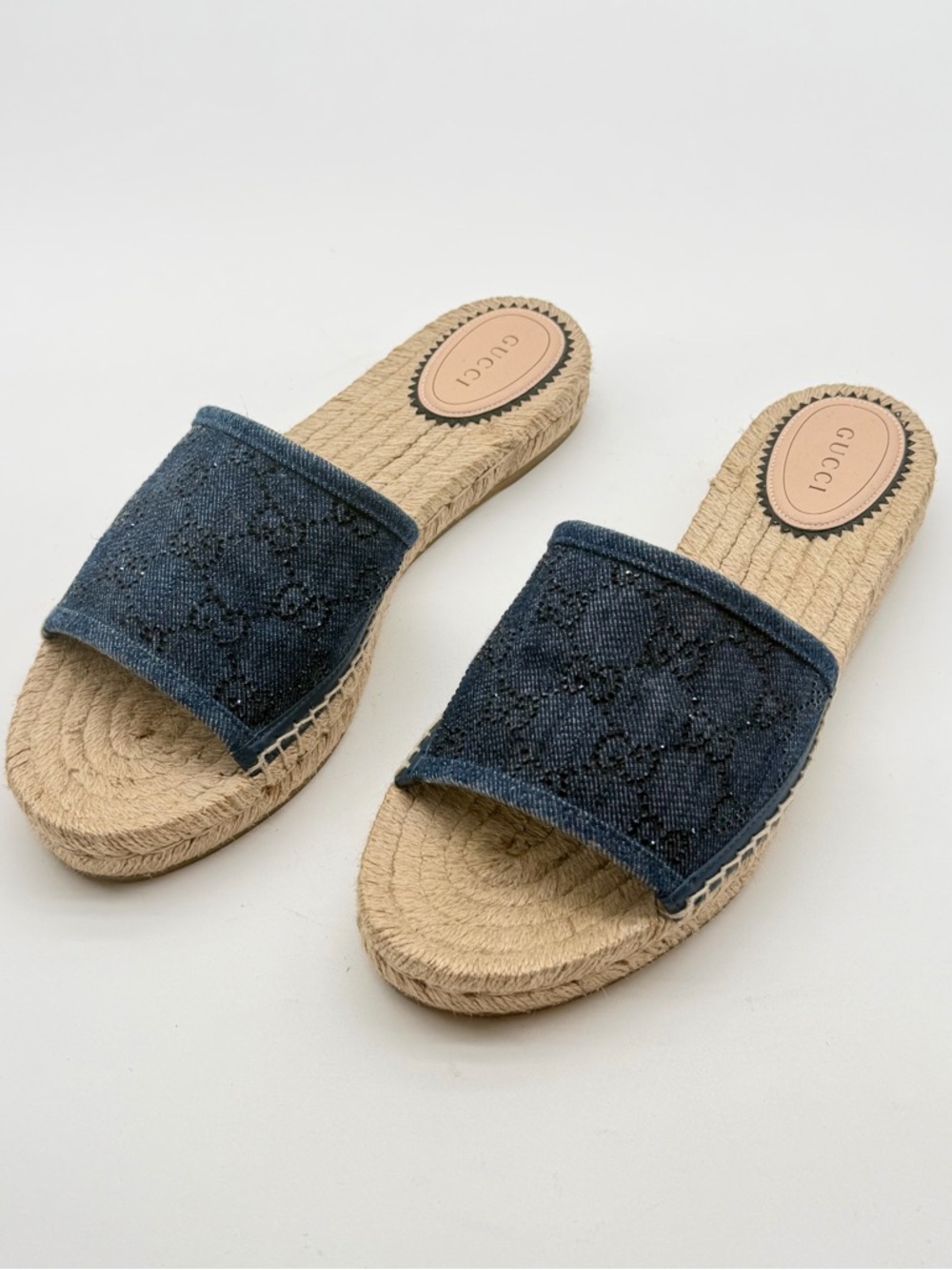 Gucci Pilar GG Crystal Denim Monogram Espadrille Flat Sandals Slides EU 39 US 9
